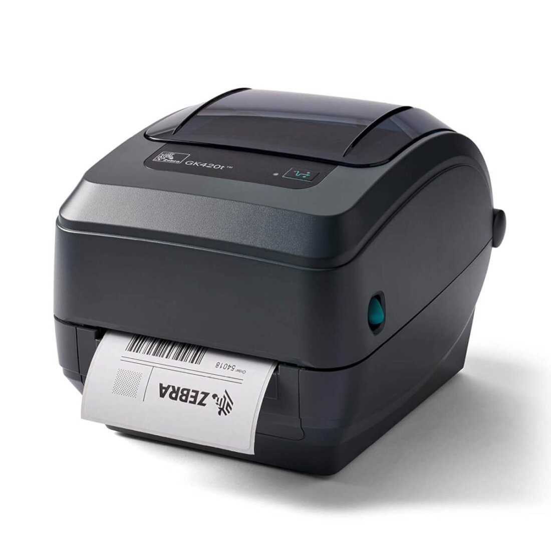 Zebra GK420T desktop barcode printer with a printed barcode label