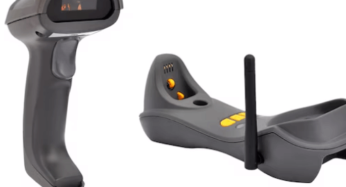 A Bluetooth barcode scanner next to its charging dock, highlighting the device's ergonomic design and the dock's connectivity features.