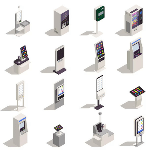 Various types of self-service kiosks, including payment, vending, and information kiosks.