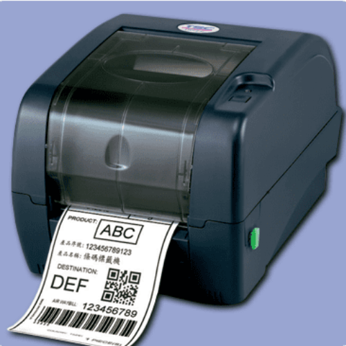 A label printer printing a barcode label on a blue background.