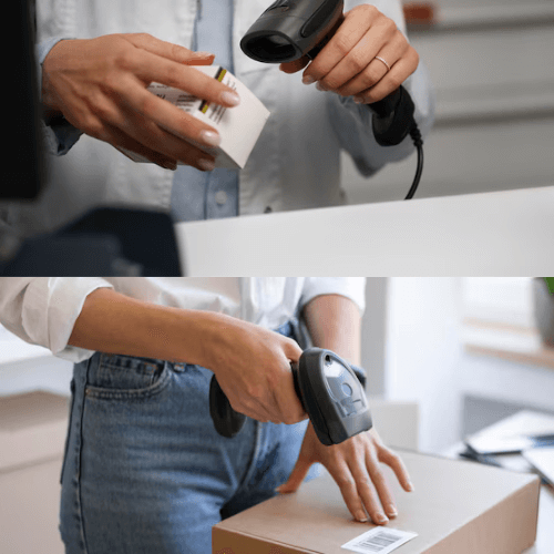 Should you choose a wired or wireless barcode scanner? 1 Close-up of hands using barcode scanners on products and packages.