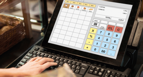 POS system screen being used at a retail counter.