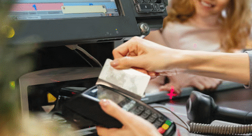 POS system in use at a retail store with a customer.