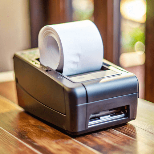 How to Choose the Right Receipt Printer 1 A receipt printer with a roll of paper on a wooden surface.