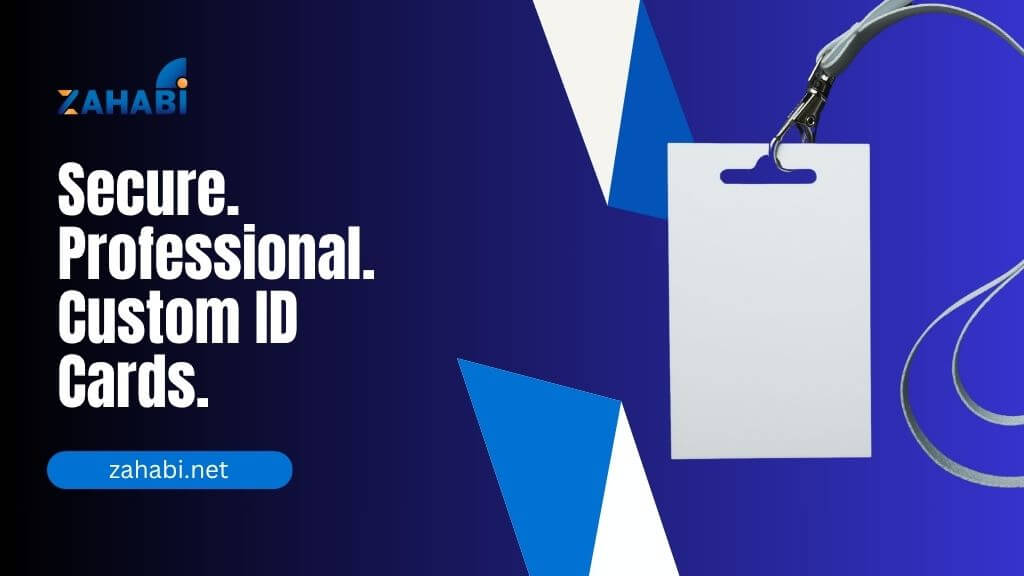 Custom ID Cards: Design Tips for Secure Employee Badges in Kuwait Businesses 1 A blank custom ID card with a lanyard, showcasing a professional and secure design on a blue and white background with the Zahabi logo.