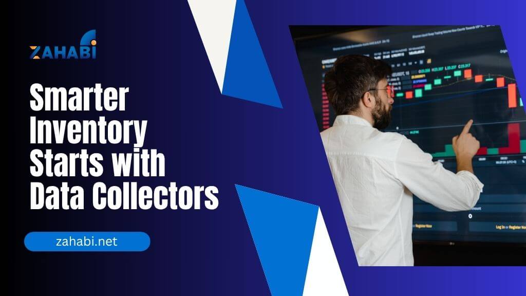 Data Collectors: Streamlining Inventory Audits for Kuwait Warehouses 1 A professional analyzing inventory data on a digital dashboard, emphasizing efficiency with Zahabi's data collection solutions in a modern blue-themed design.
