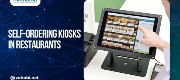 Customer using a self-ordering kiosk touchscreen to place a food order in a restaurant