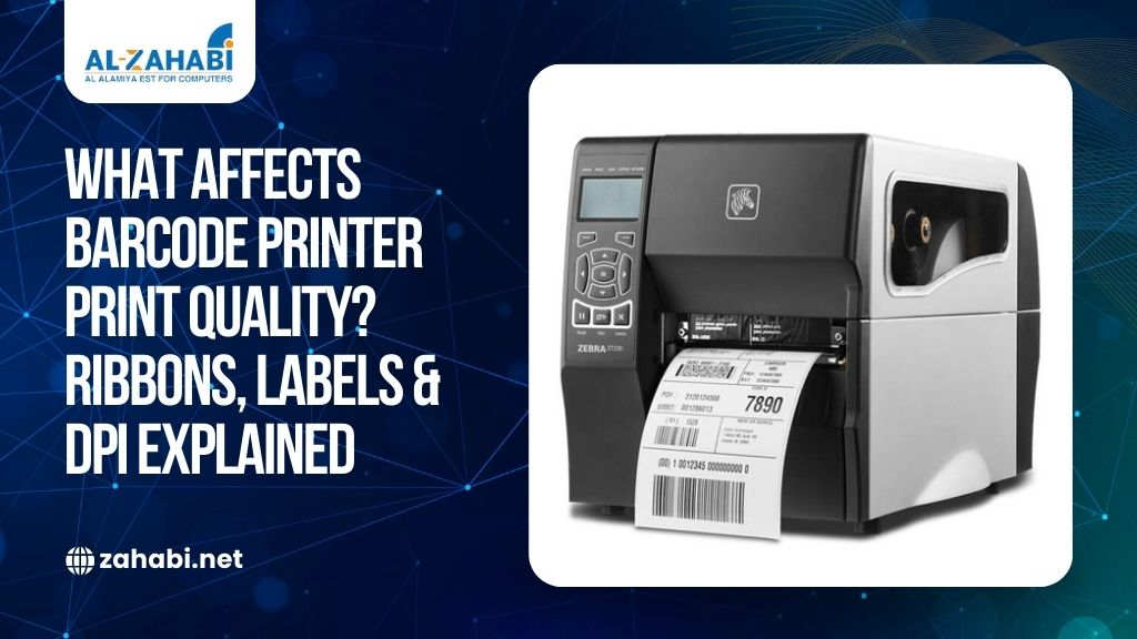 An industrial Zebra barcode printer producing a high-quality label, set against a blue digital network background with text explaining print quality factors like ribbons and DPI.