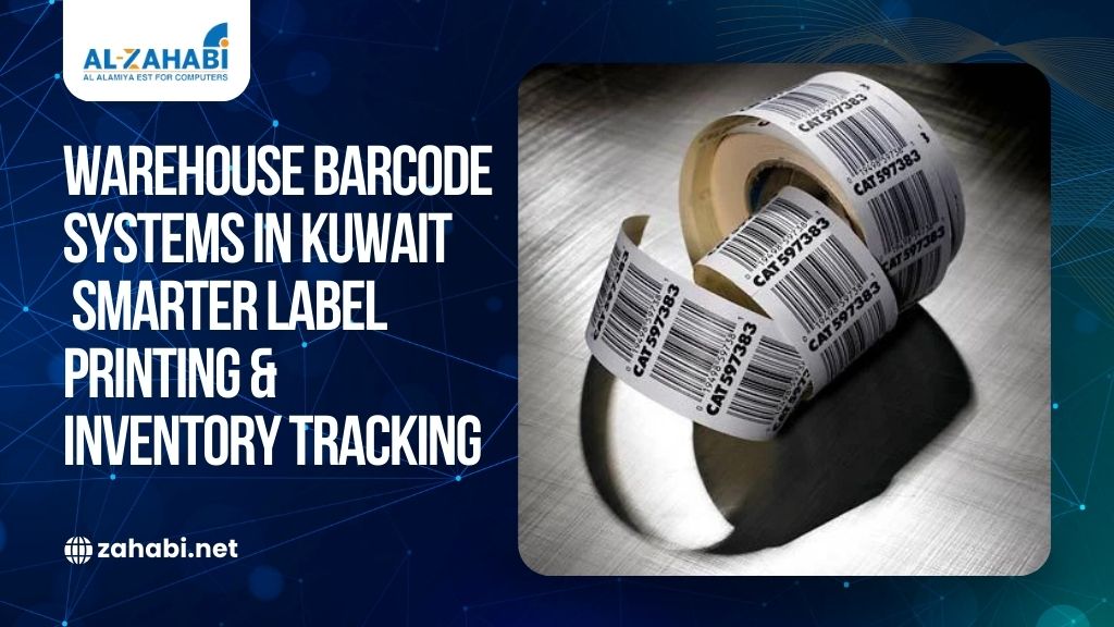 Warehouse barcode system in Kuwait showing barcode printers, scanners, and labeled cartons for inventory tracking and logistics operations