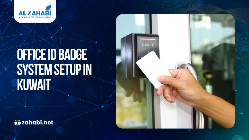 Employee using RFID ID card access control system for office entry in Kuwait