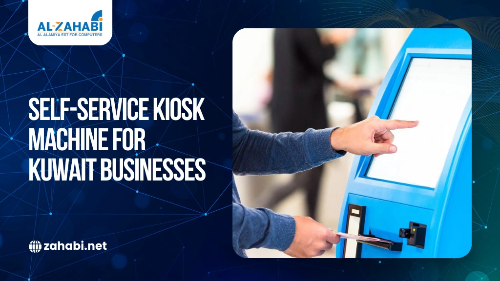 Customer using self service kiosk machine for payment and ordering in Kuwait retail store