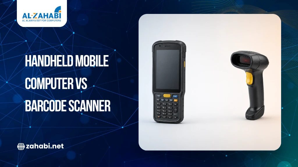 Handheld mobile computer and barcode scanner comparison showing two data capture devices used in retail, warehouse, and logistics operations.
