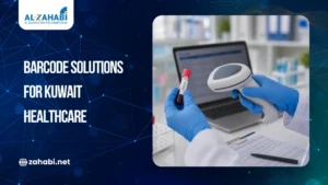 Healthcare professional wearing gloves scans a labeled blood sample tube with a handheld barcode scanner in a medical laboratory.
