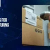 Worker uses a handheld barcode scanner to scan labeled shipping boxes in a warehouse for manufacturing inventory tracking.