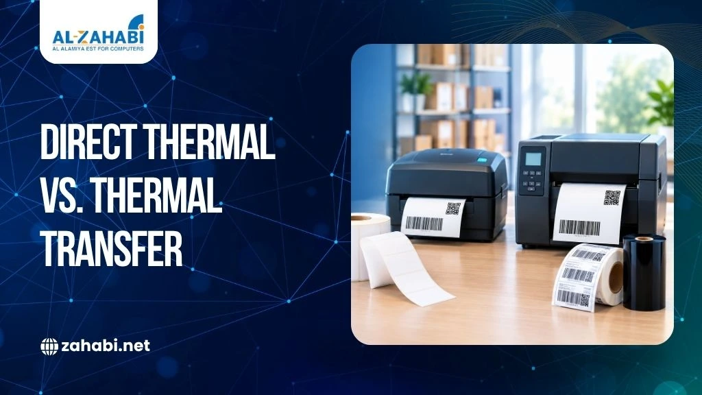 Direct thermal vs. thermal transfer printers with barcode labels and printing supplies for business applications.