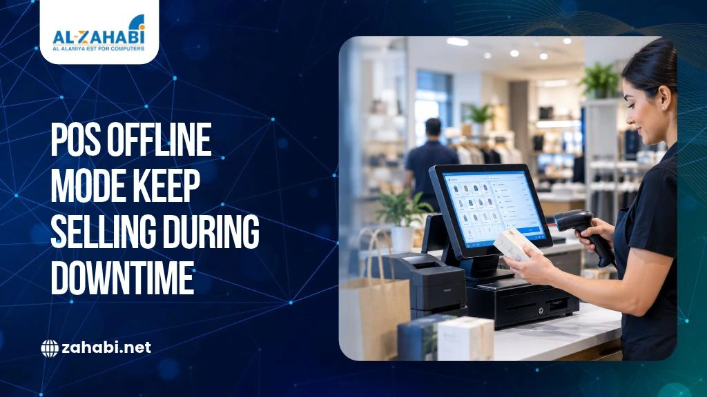 POS offline mode in a retail store with a billing system and barcode scanner for uninterrupted sales during downtime.